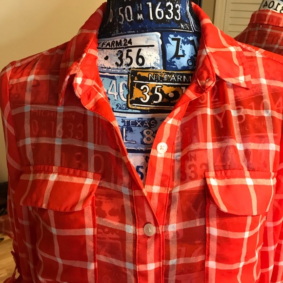 ❌Sheer Orange / White Plaid Button Up Blouse - Picture 2 of 3